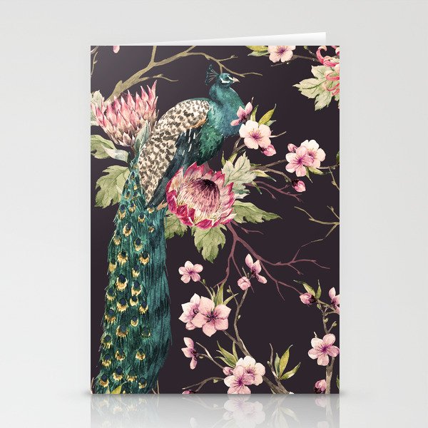 Watercolor pattern peacock on a tree cherry, flowering trees. protea flower, retro colors. tree branches. pink chrysanthemum Stationery Cards