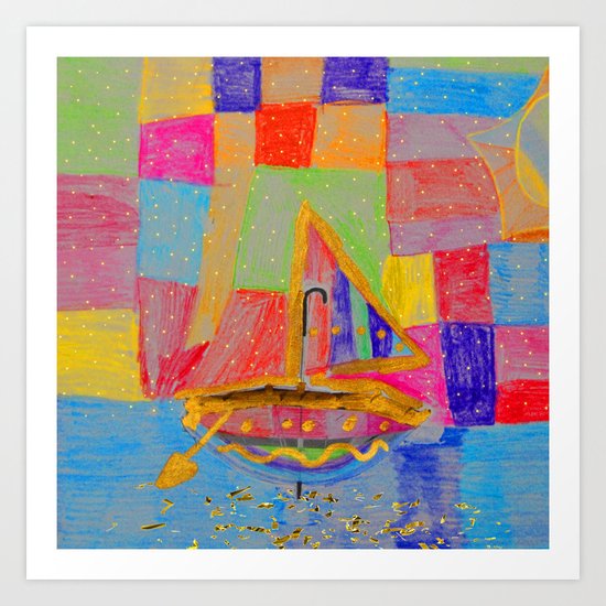 When an umbrella transforms into a boat on Christmas night Art Print