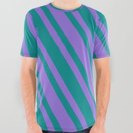[ Thumbnail: Dark Cyan & Purple Colored Lined/Striped Pattern All Over Graphic Tee ]