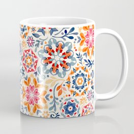 Watercolor Kaleidoscope Floral - desaturated Coffee Mug | Mandala, Navyblue, Geometric, Boho, Bohemian, Mustardyellow, Circles, Cream, Micklyn, Kaleidoscope 
