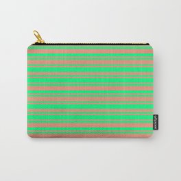 [ Thumbnail: Green and Dark Salmon Colored Lined Pattern Carry-All Pouch ]