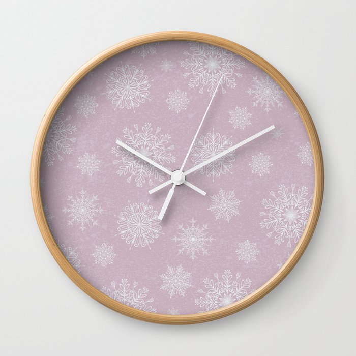 Assorted Snowflakes On Pink Background Wall Clock