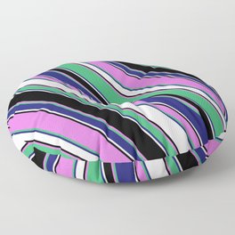 [ Thumbnail: Vibrant Orchid, Sea Green, Midnight Blue, White & Black Colored Lines Pattern Floor Pillow ]