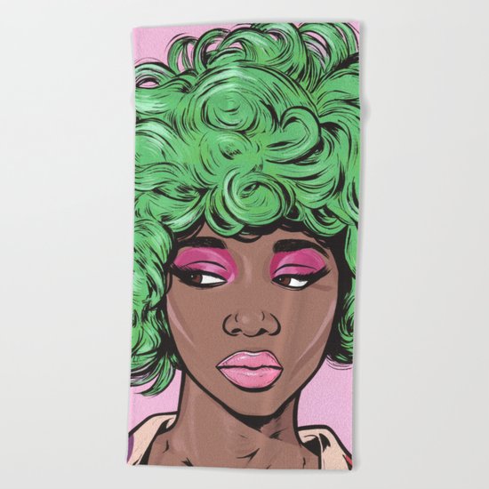 Green Kawaii Comic Girl Beach Towel