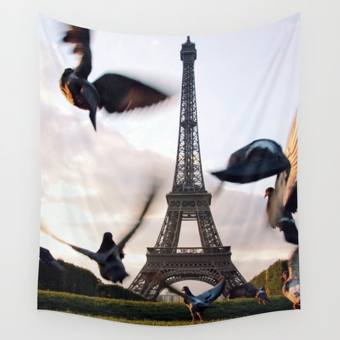 Paris Eiffel tower and flight of birds Wall Tapestry