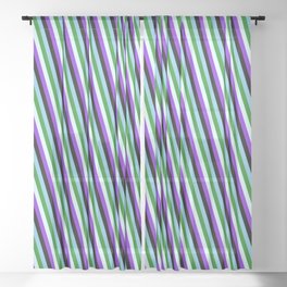 [ Thumbnail: Vibrant Forest Green, Light Cyan, Purple, Black, and Sky Blue Colored Pattern of Stripes Sheer Curtain ]