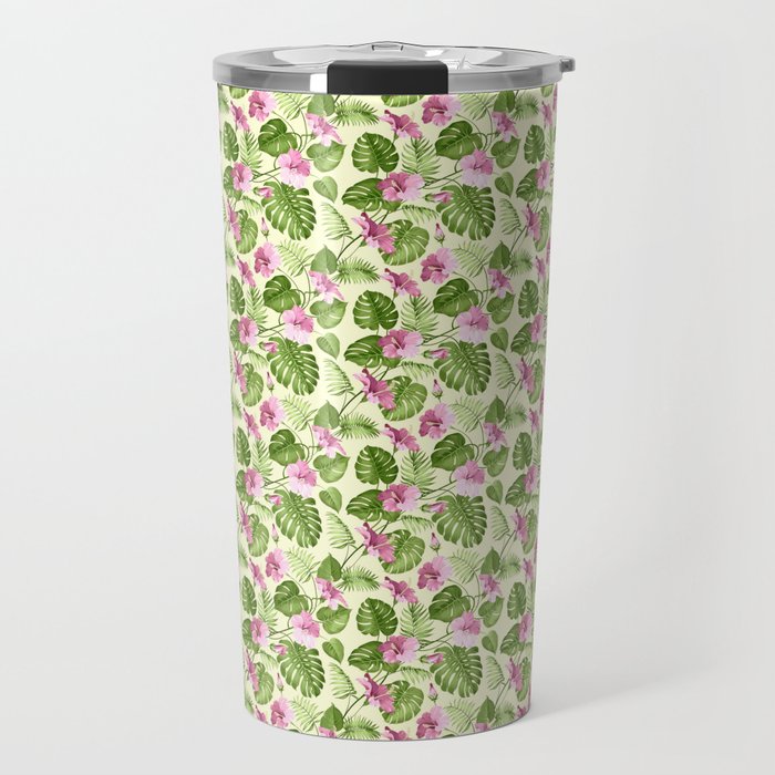 Hand painted pink green watercolor tropical monster leaves floral Travel Mug