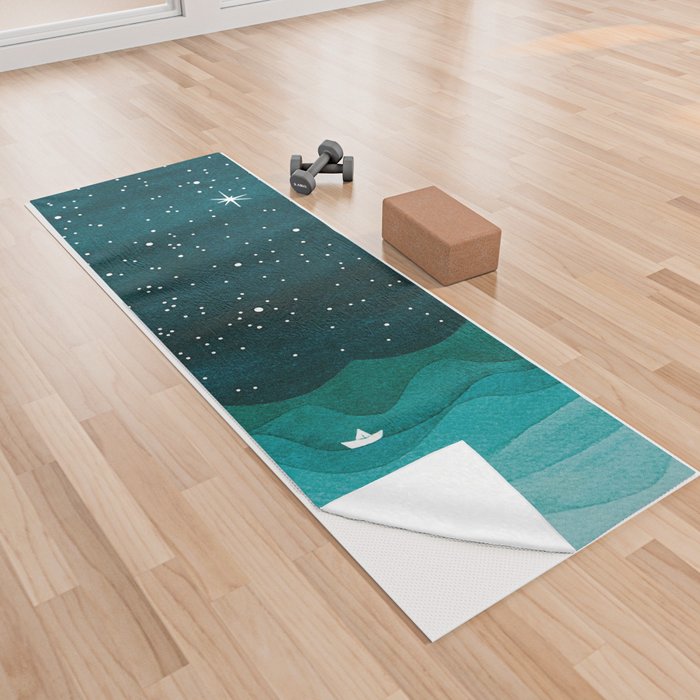 Starry Ocean, teal sailboat watercolor sea waves night Yoga Towel