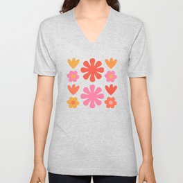 Scandi Floral Grid Retro Flower Pattern Pink Orange Cream V Neck T Shirt