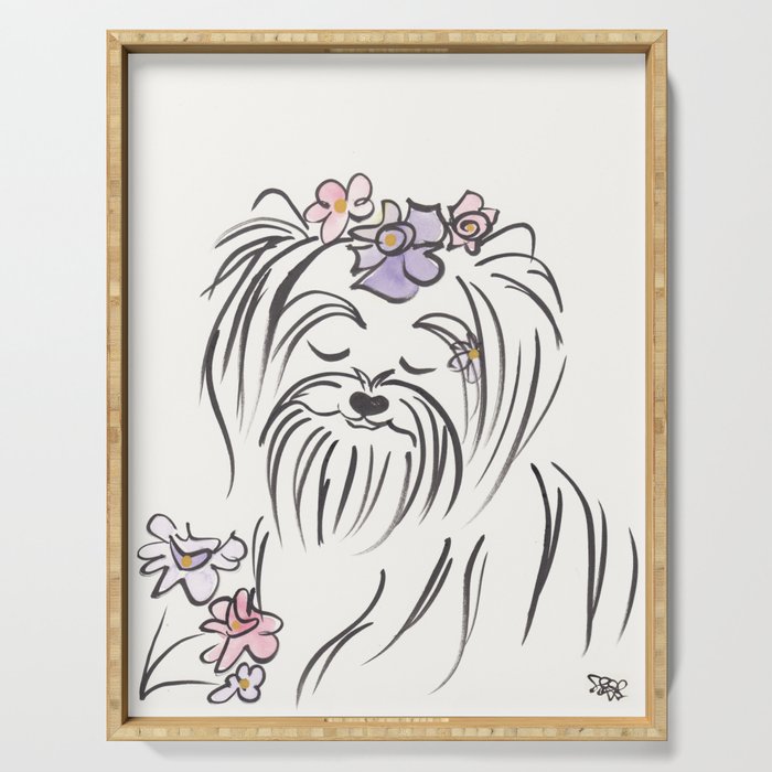 Lucy Yorkie Dog with Flowers Serving Tray