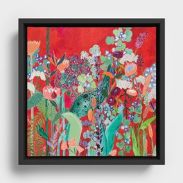 Red floral Jungle Garden Botanical featuring Proteas, Reeds, Eucalyptus, Ferns and Birds of Paradise Framed Canvas