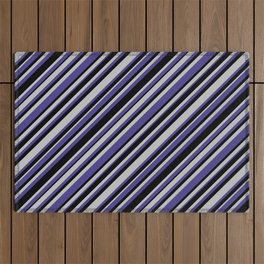 [ Thumbnail: Grey, Dark Slate Blue, and Black Colored Lined/Striped Pattern Outdoor Rug ]