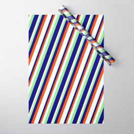 [ Thumbnail: Light Green, Blue, Red & Mint Cream Colored Stripes Pattern Wrapping Paper ]