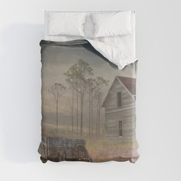 Old Wooden Wagon with Abandoned Farm House in the Morning Mist at Sunrise Duvet Cover