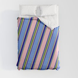 [ Thumbnail: Cornflower Blue, Green, Pink & Dark Blue Colored Striped/Lined Pattern Duvet Cover ]