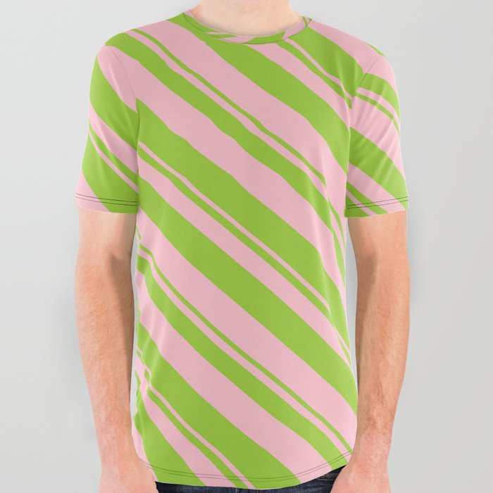 Green & Pink Colored Stripes Pattern All Over Graphic Tee
