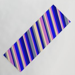 [ Thumbnail: Light Slate Gray, Beige, Orchid, Blue & Dark Blue Colored Striped Pattern Yoga Mat ]