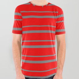 [ Thumbnail: Red & Gray Colored Pattern of Stripes All Over Graphic Tee ]