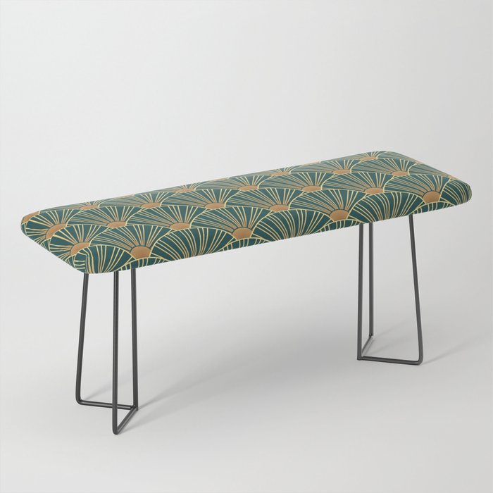 Geometric seamless pattern with golden lines. Green background in art deco style. Bench