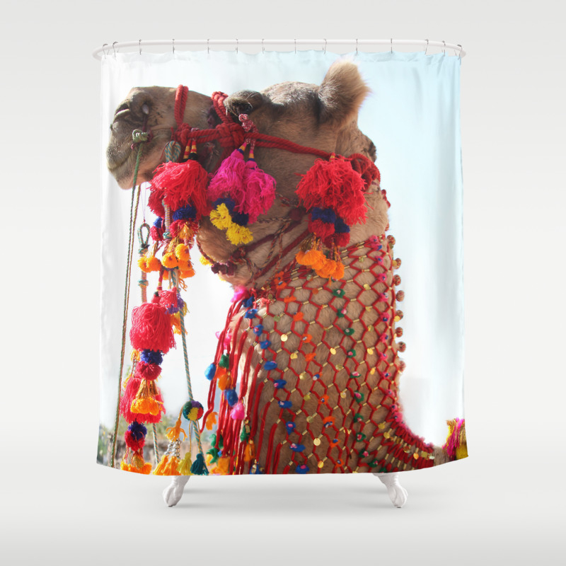 Boho Camel with Tassels and Pom Poms, in India Curtain by womanshopsworld Society6