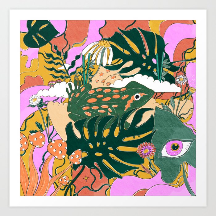 Psychedelic Jungle- frog and flowers  Art Print