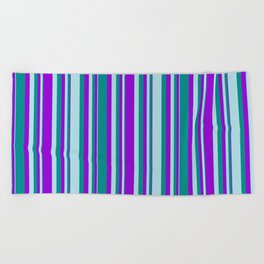 [ Thumbnail: Dark Violet, Dark Cyan, and Powder Blue Colored Lines/Stripes Pattern Beach Towel ]