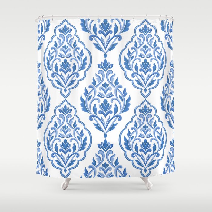 Blue and white damask vintage seamless pattern. Vintage, paisley elements. Traditional, Turkish motifs.  Shower Curtain