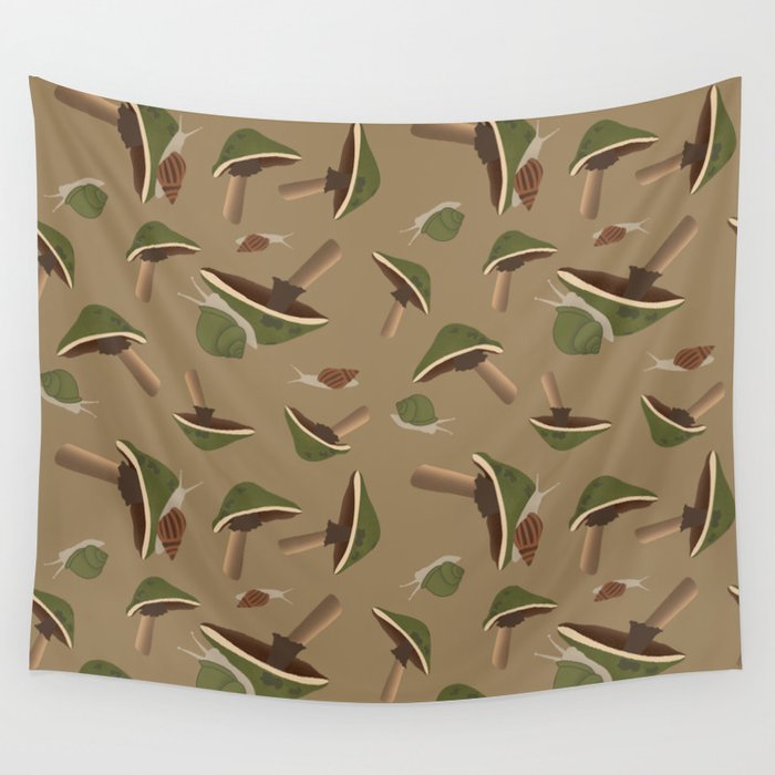 Green Mushrooms with Snails Wall Tapestry