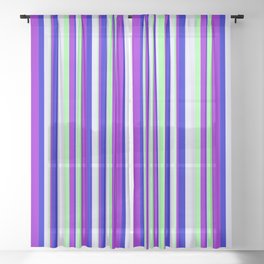 [ Thumbnail: Lavender, Green, Dark Violet, and Blue Colored Lined/Striped Pattern Sheer Curtain ]