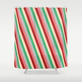 [ Thumbnail: Colorful Sea Green, Grey, Light Coral, Red & Bisque Colored Lines Pattern Shower Curtain ]