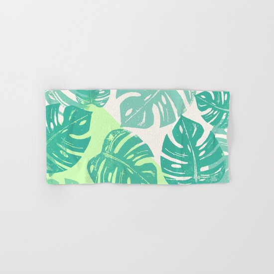 Linocut Monstera Green Hand & Bath Towel
