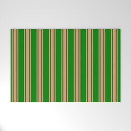 [ Thumbnail: Green and Dark Salmon Colored Lines/Stripes Pattern Welcome Mat ]
