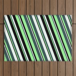 [ Thumbnail: Dark Slate Gray, Green, Black & Mint Cream Colored Stripes/Lines Pattern Outdoor Rug ]