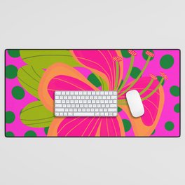 Tropical Holiday Magenta Hawaii Hibiscus Flower With Emerald Disco Dots Desk Mat