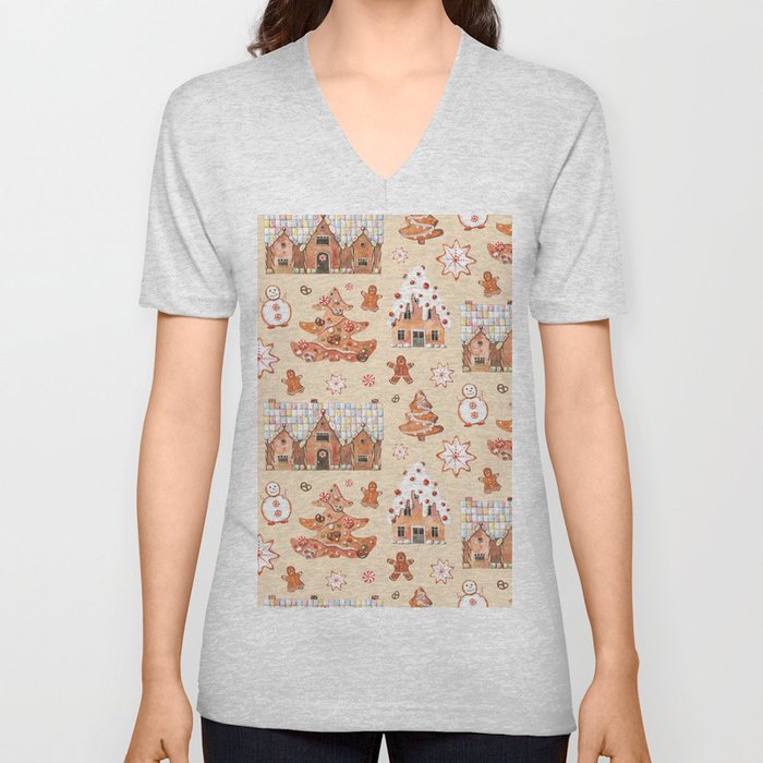 Hand drawn watercolour seamless pattern of gingerbread houses, christmas tree, snowman, snowflakes with the sweets on the beige background.  V Neck T Shirt