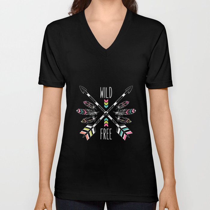 Ethnic frame made of feathers, threads and beads with text "Wild and Free". Freedom concept. V Neck T Shirt