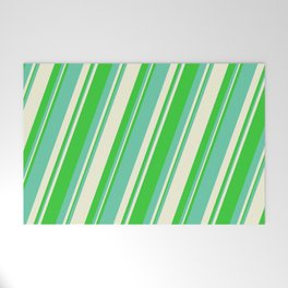 [ Thumbnail: Lime Green, Aquamarine & Beige Colored Stripes/Lines Pattern Welcome Mat ]