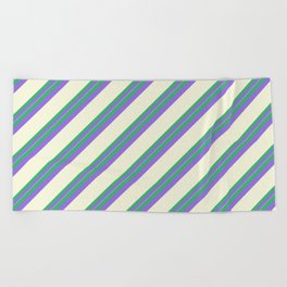 [ Thumbnail: Sea Green, Purple & Beige Colored Stripes/Lines Pattern Beach Towel ]