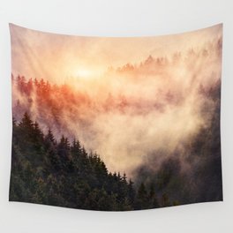 In My Other World //  Sunrise In A Romantic Misty Foggy Fairytale Forest With Trees Covered In Fog Wall Tapestry