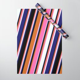 [ Thumbnail: Chocolate, Hot Pink, Mint Cream, Midnight Blue & Black Colored Lines/Stripes Pattern Wrapping Paper ]