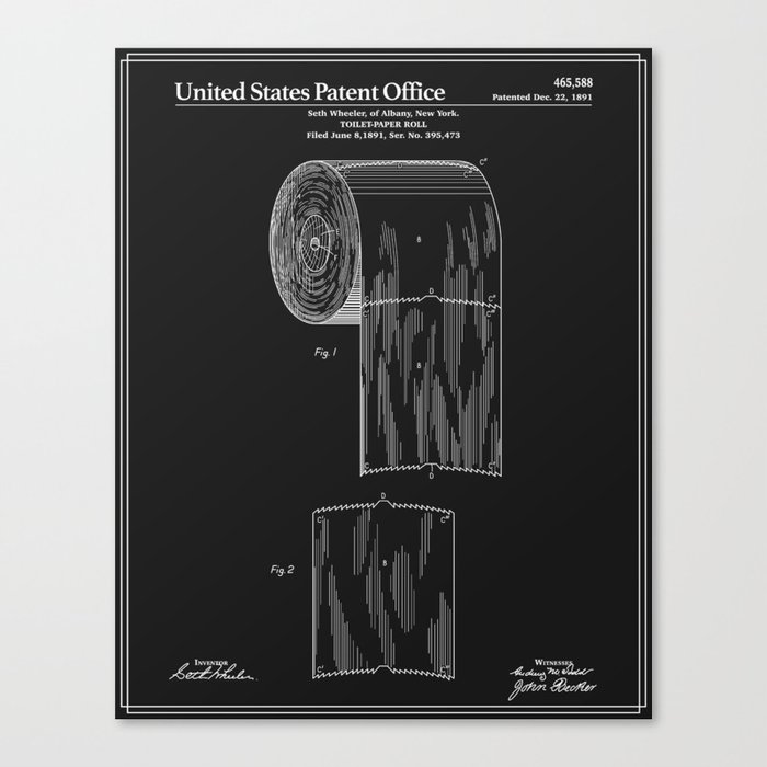 Toilet Paper Roll Patent - Black Canvas Print