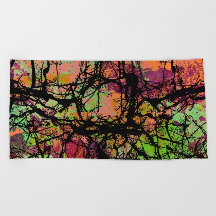 Cracks And Colour - Pastel orange, blue and green abstract with black marble effect Beach Towel