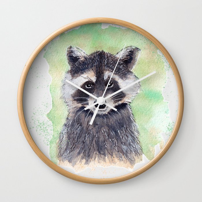 Raccoon Portrait Watercolor - White Background Wall Clock