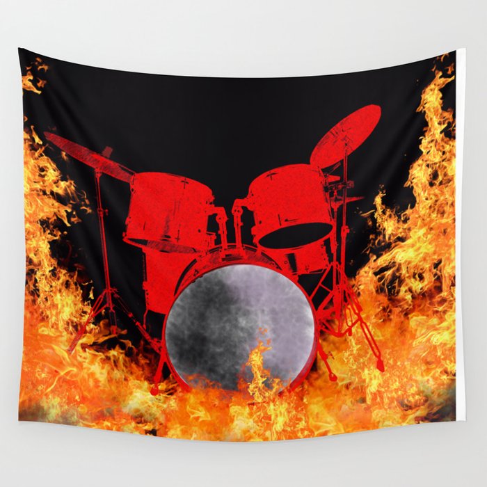 Flaming Red Drum Set Wall Tapestry