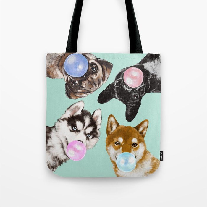Playful Doggie Bubble Gum Gang in Green Tote Bag