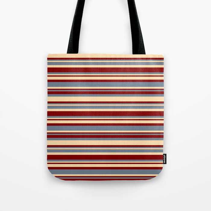 Slate Gray, Tan, and Maroon Colored Striped/Lined Pattern Tote Bag
