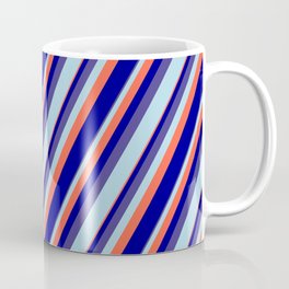 [ Thumbnail: Dark Slate Blue, Light Blue, Red, and Dark Blue Colored Lined Pattern Coffee Mug ]