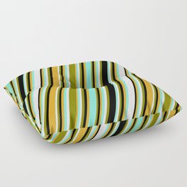 [ Thumbnail: Aquamarine, White, Green, Black, and Goldenrod Colored Pattern of Stripes Floor Pillow ]