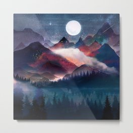 Mountain Lake Under the Stars Metal Print | Painting, Moon, Pine, Blue, Curated, Reflection, Abstract, Illustration, Adventure, Forest 