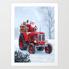 Santa driving his tractor Art Print